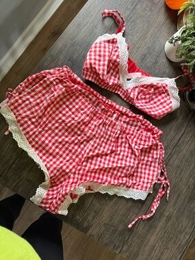 Women’s Red Gingham Lace-Trim Pajama Set - Brand Unknown